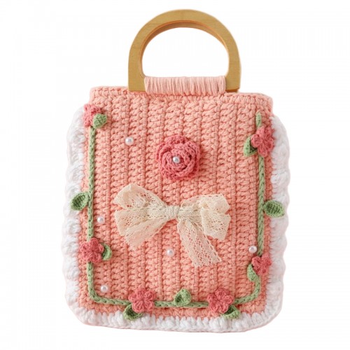 Handmade Crochet Camellia Handbag with Wooden Handle