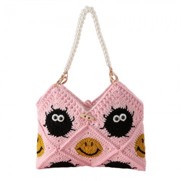 Handmade Double-Sided Crochet Smiley Soot Handbag