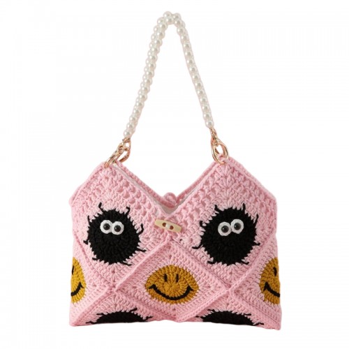 Handmade Double-Sided Crochet Smiley Soot Handbag