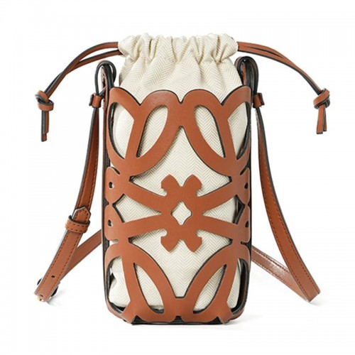 Hollow Leather Drawstring Bucket Crossbody Phone Bag