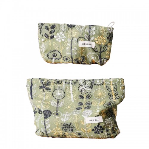 Embroidered Canvas Cosmetic Bag Set 2PCS