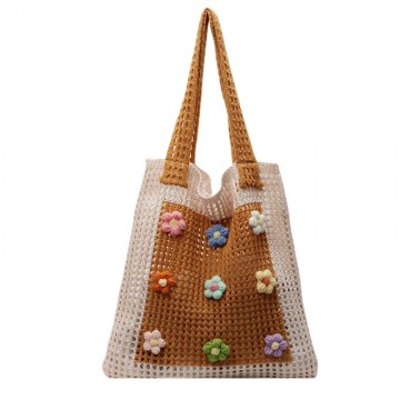 Bohemian Color-Block Knit Hollow Shoulder Bag