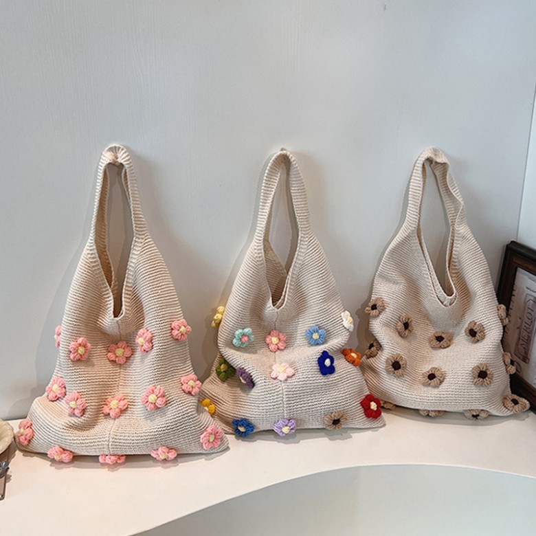 Colorful Cotton Floral Knit Tote Shoulder Bag