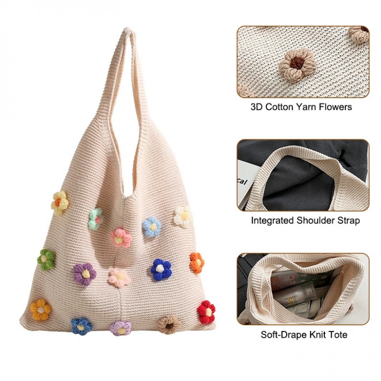Colorful Cotton Floral Knit Tote Shoulder Bag