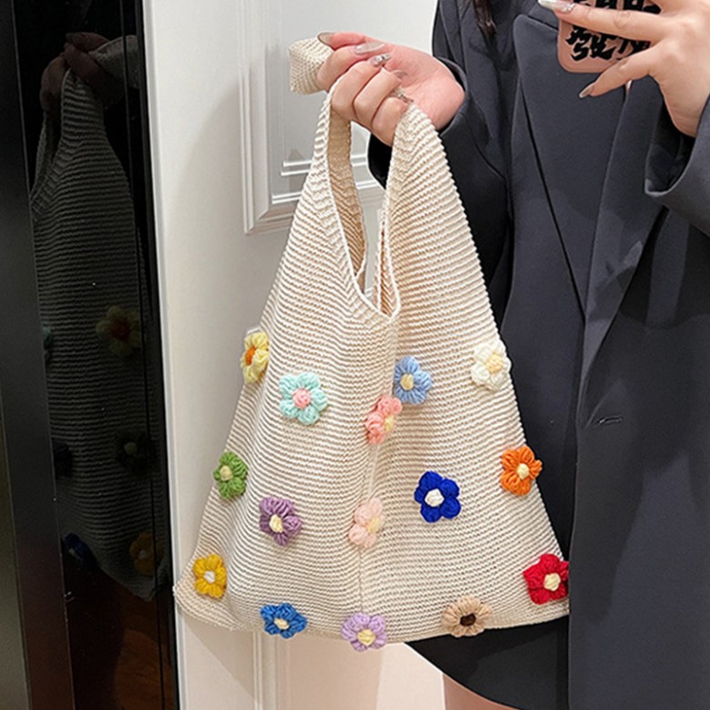 Colorful Cotton Floral Knit Tote Shoulder Bag
