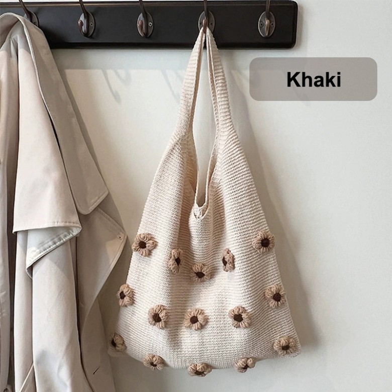 Colorful Cotton Floral Knit Tote Shoulder Bag