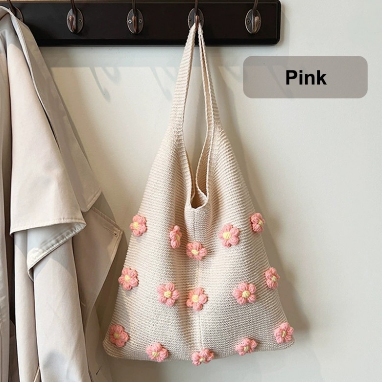 Colorful Cotton Floral Knit Tote Shoulder Bag