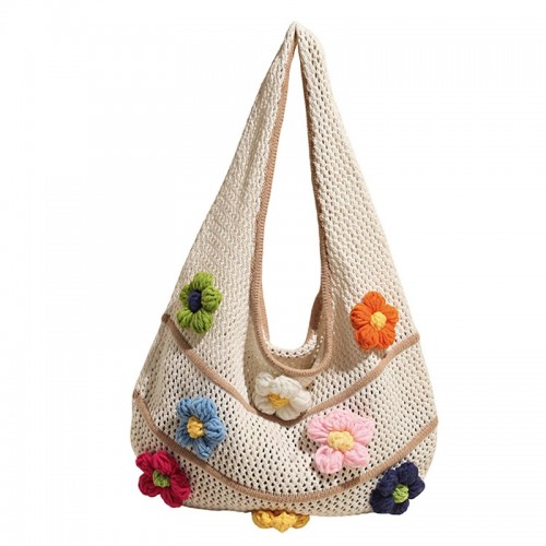 Hollow Knit Shoulder Bag with 3D Flower