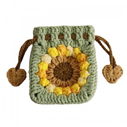 Handmade Crochet Sunflower Drawstring Pouch Bag
