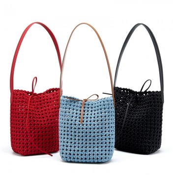 Handwoven Denim Bucket Bag with Inner Pouch